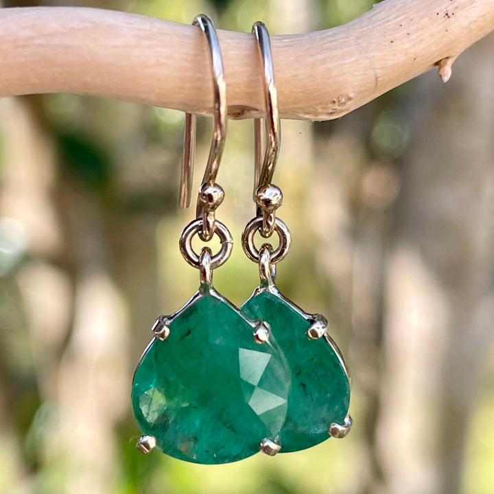9ct Gold Faceted Brazilian emerald drop earrings