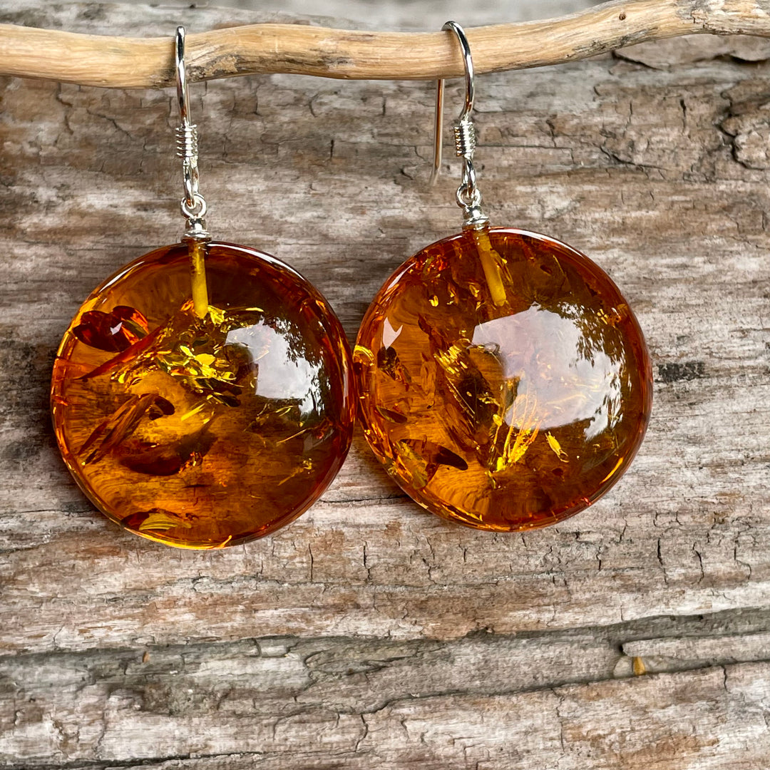 Round flat Baltic Amber earrings
