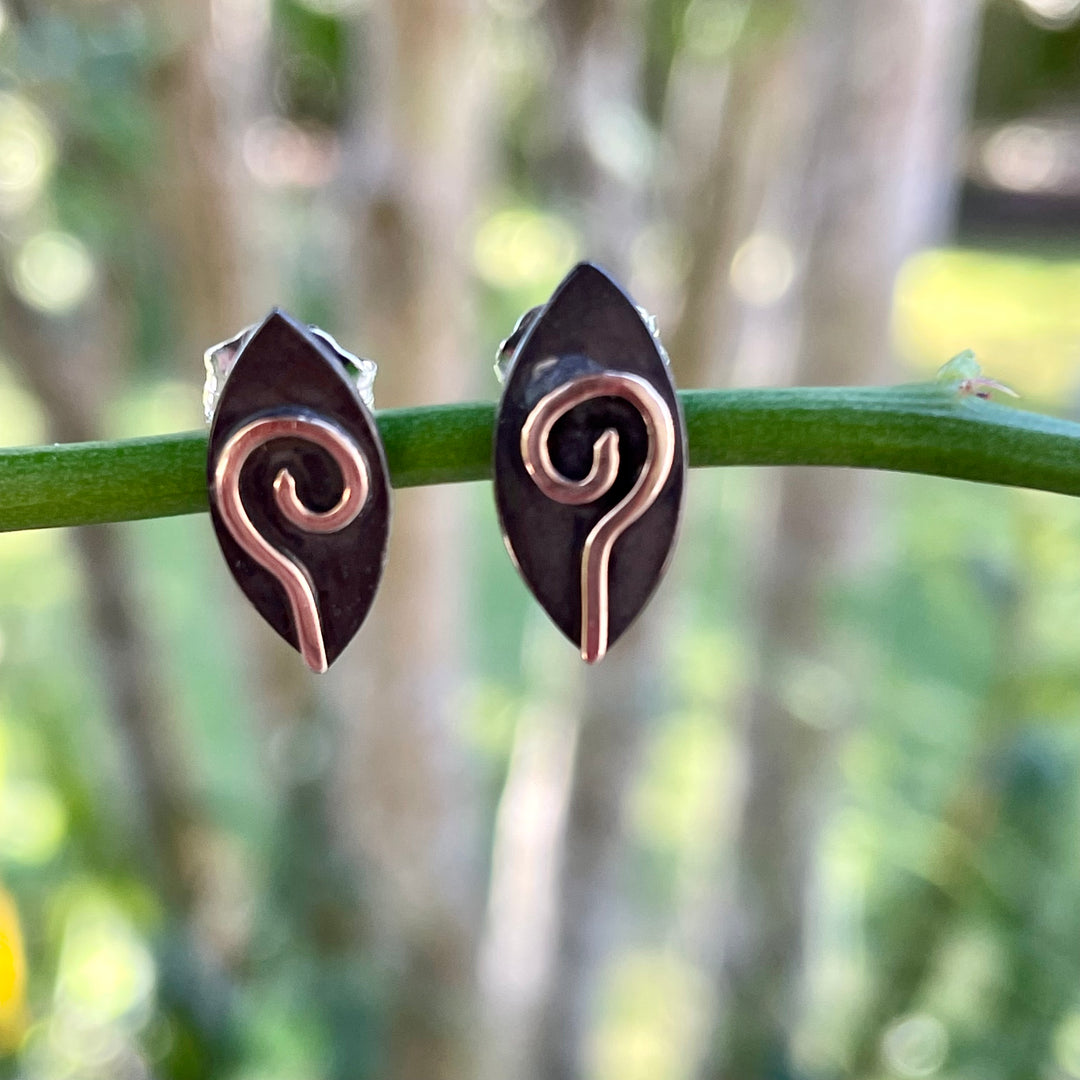 Oxidised sterling silver marquise studs with gold