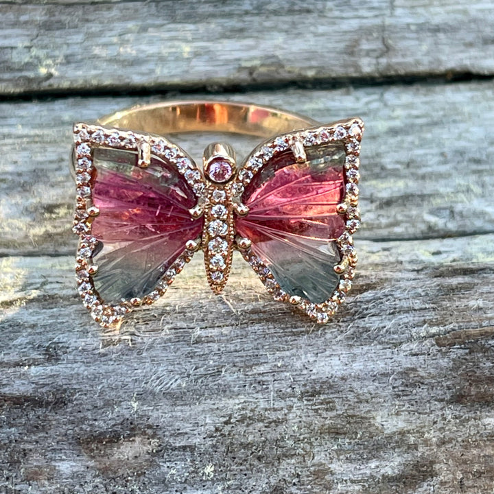 9ct Gold Watermelon Tourmaline Butterfly Ring