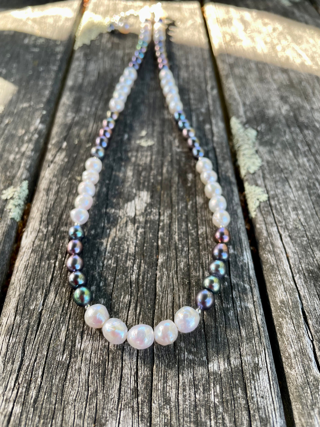 Peacock and white freshwater pearl necklace
