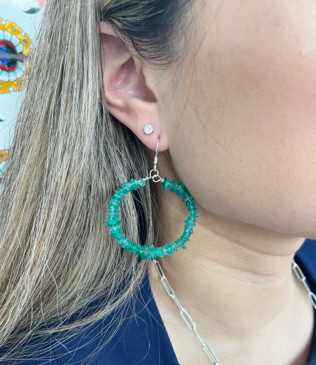 Emerald chip hoop earrings