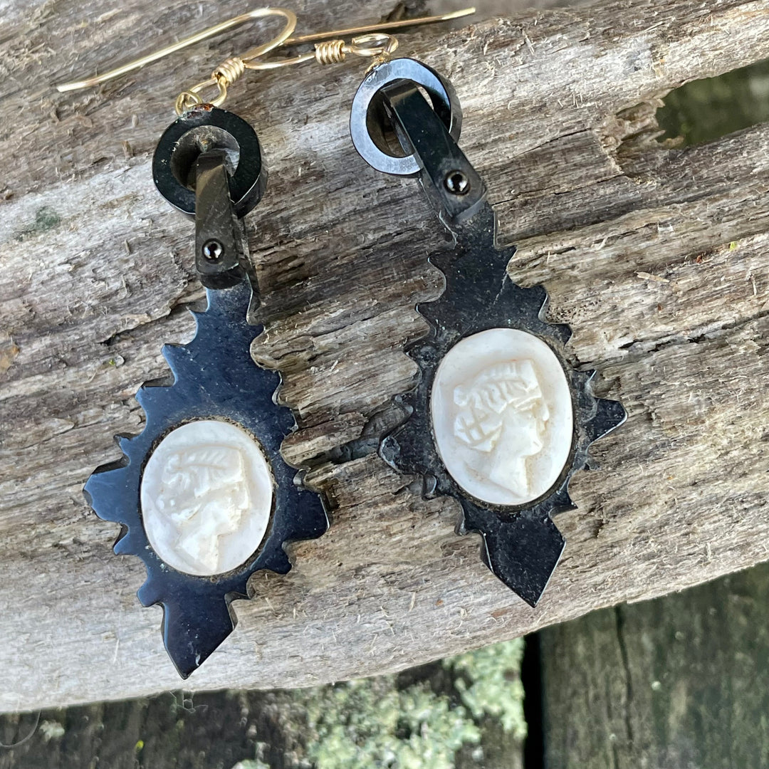 Antique Vulcanite Earrings with Shell Cameos