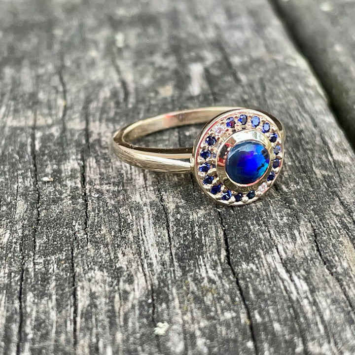 9ct Gold, Opal, Sapphire, and Diamond Halo Ring