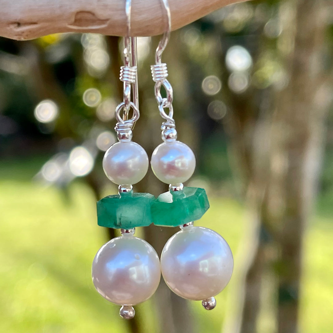 Freshwater Pearl and Brazilian emerald earrings