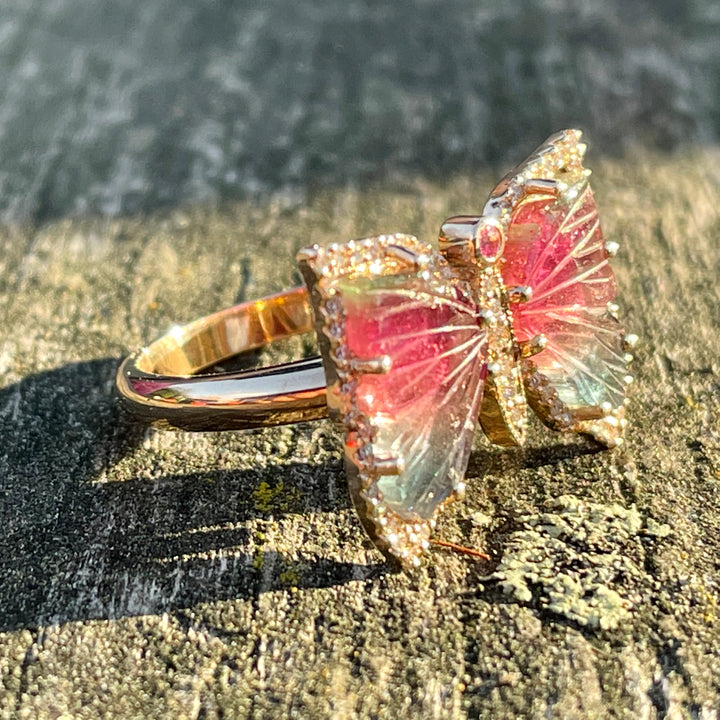 9ct Gold Watermelon Tourmaline Butterfly Ring