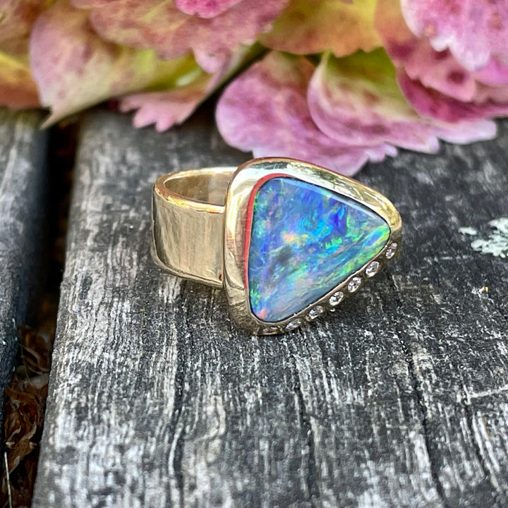 9ct Gold Black Australian Opal and Diamond Ring