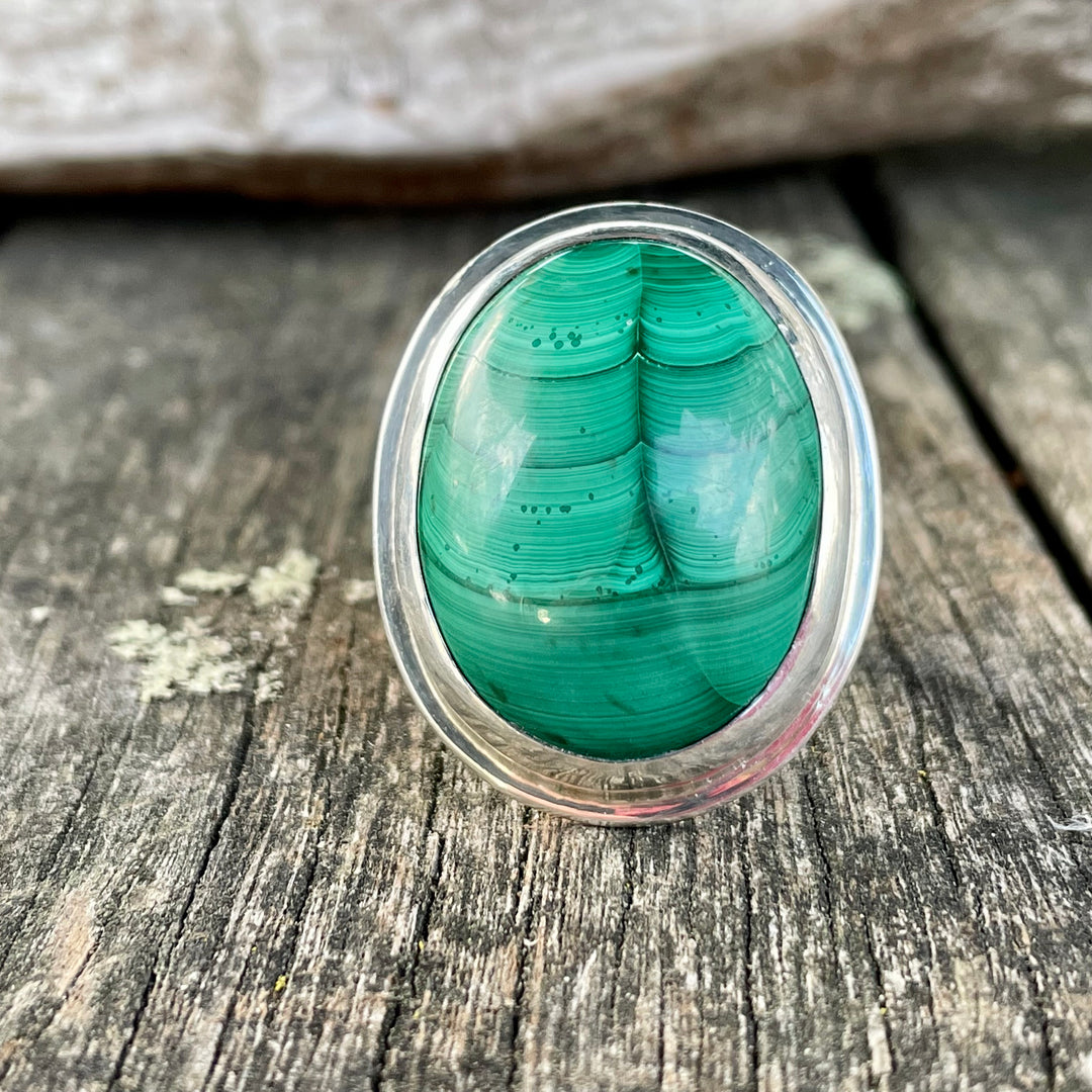 Malachite ring (scarab like pattern in the stone) in sterling silver