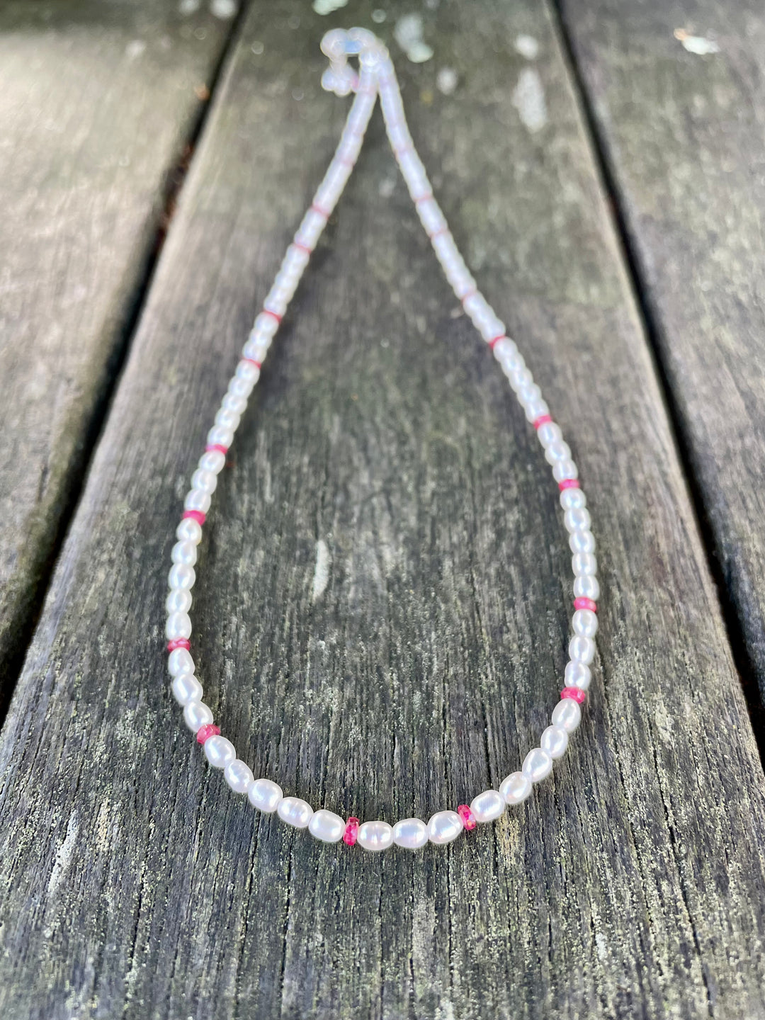 Tiny rice freshwater pearl with ruby necklace