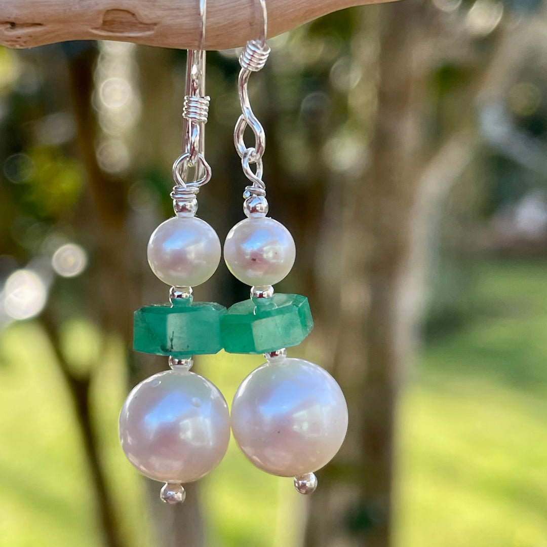 Freshwater Pearl and Brazilian emerald earrings