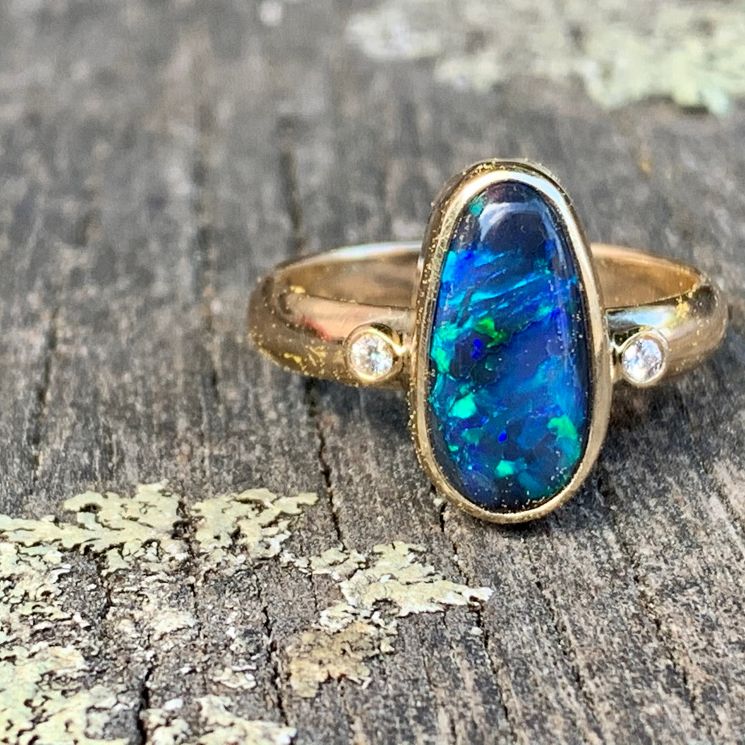 9ct Gold Lightning Ridge Black Opal Ring with Diamonds