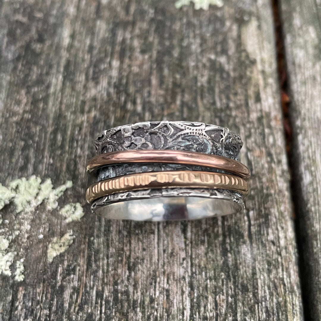 Large Size Ornate Spinner Ring, Sterling Silver and Gold Fill