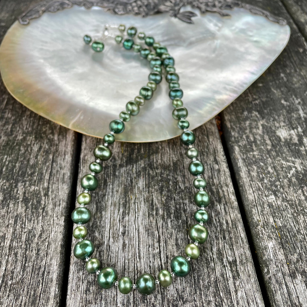 Gorgeous bright but dark green freshwater pearl necklace