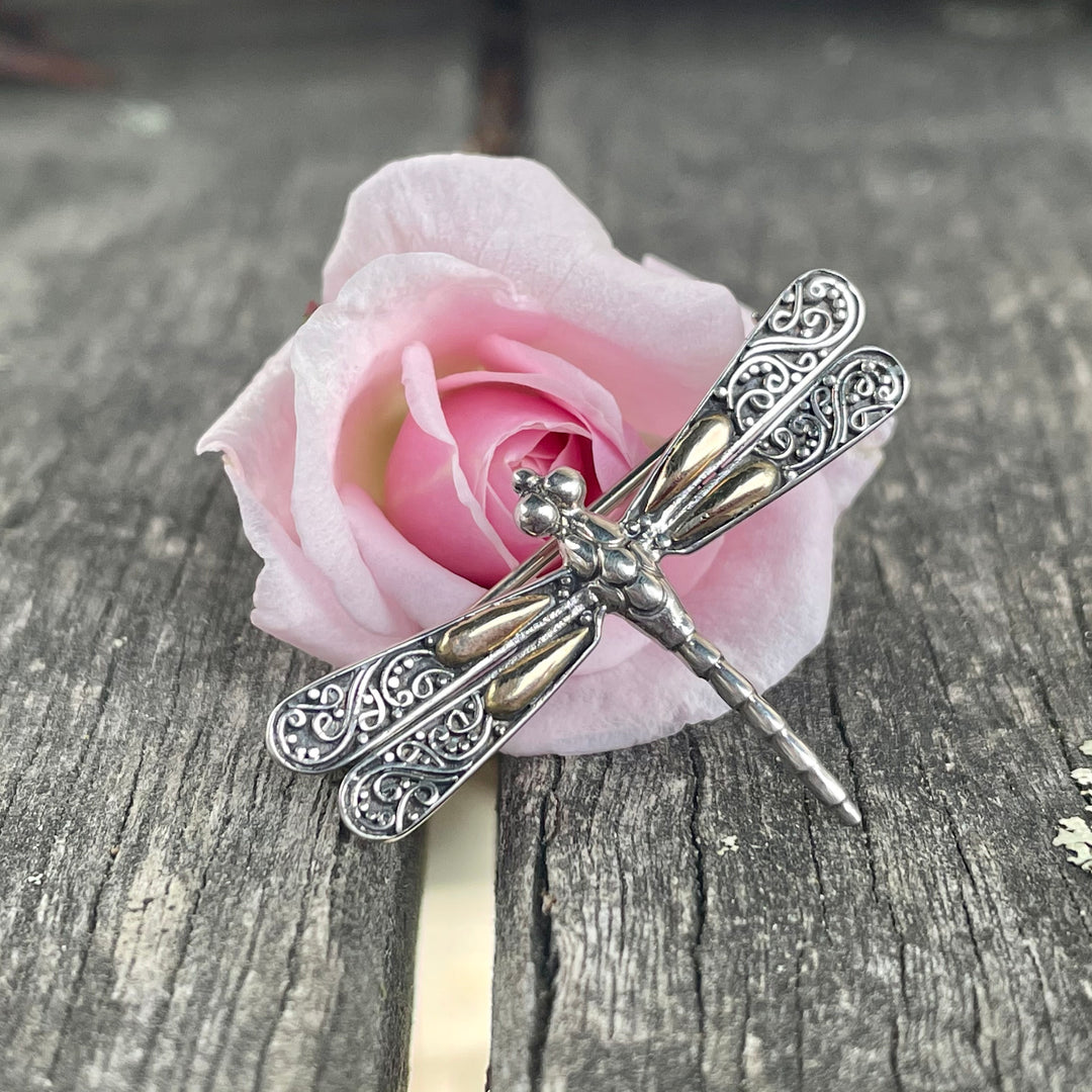 Dragonfly Brooch in Sterling Silver and Yellow Gold