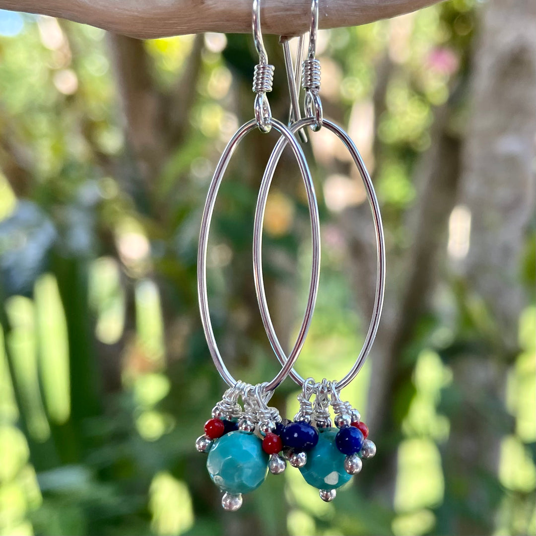 Lapis Lazuli, Coral, and Turquoise Oval Hoop Earrings