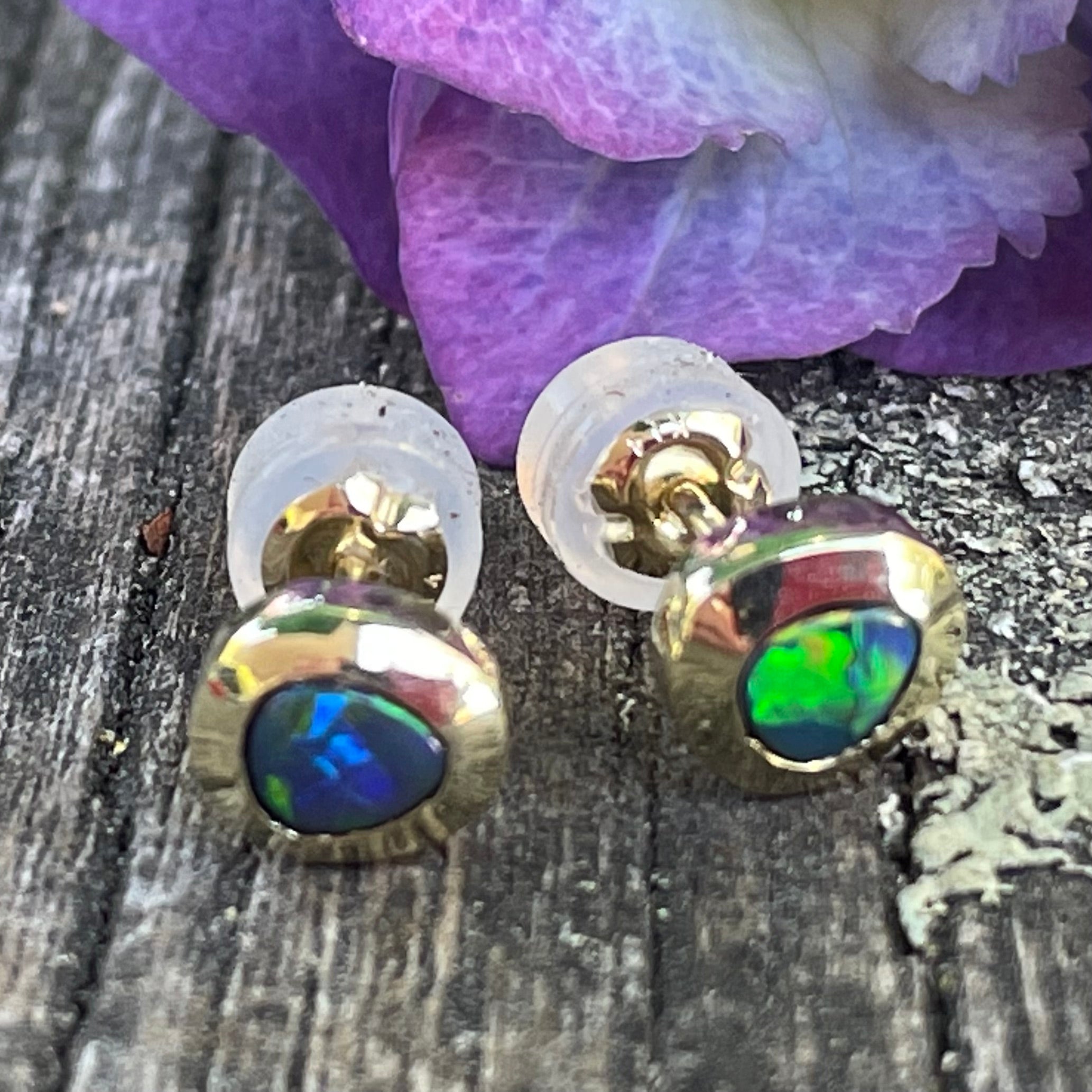 14ct Gold Black opal studs Rowena Watson Jewellers