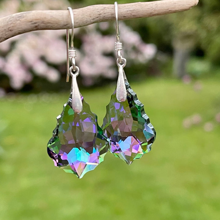 Faceted Crystal Drop Earrings, Translucent Purple & Green