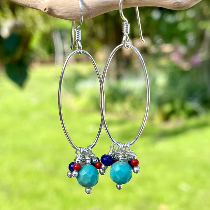 Lapis Lazuli, Coral, and Turquoise Oval Hoop Earrings