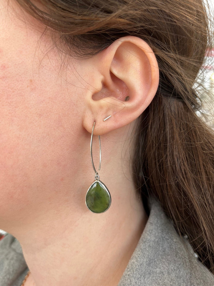Bezel set Pounamu and sterling silver drop earrings (New Zealand greenstone)