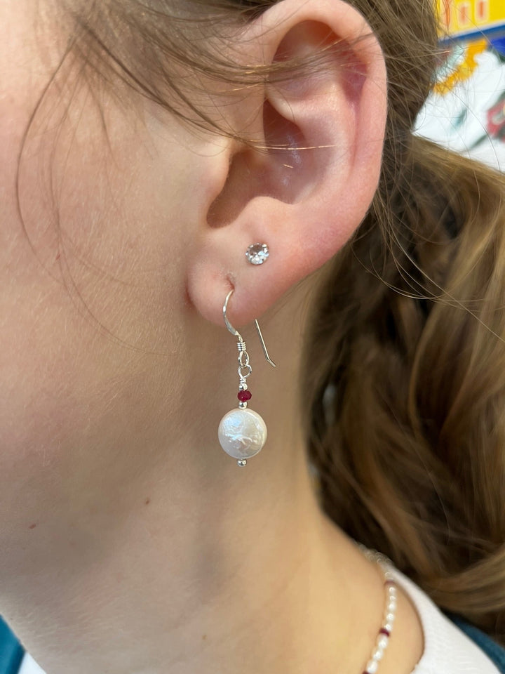 Freshwater pearl and tiny ruby earrings